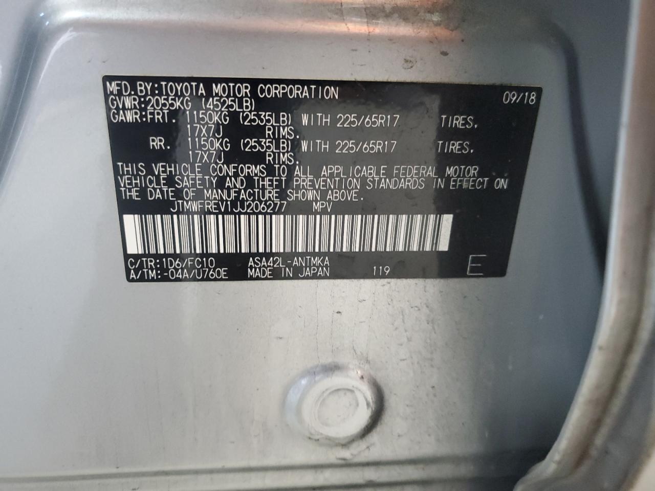 2018 Toyota RAV 4 VIN JTMWFREV1JJ206277 Copart auction photo, all over damage thumbnail 12
