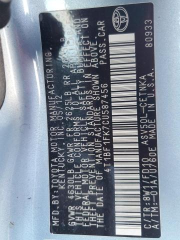 2012 Toyota Camry VIN 4T1BF1FK7CU587456 Copart auction photo, front end / rear end damage thumbnail 12