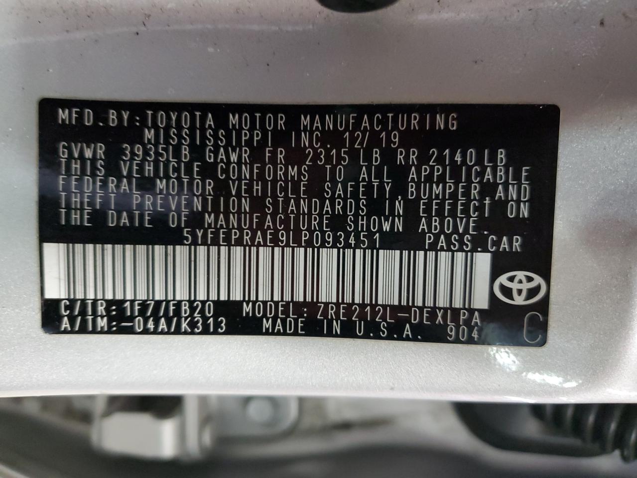 2020 Toyota Corolla VIN 5YFEPRAE9LP093451 Copart auction photo, front end damage thumbnail 12