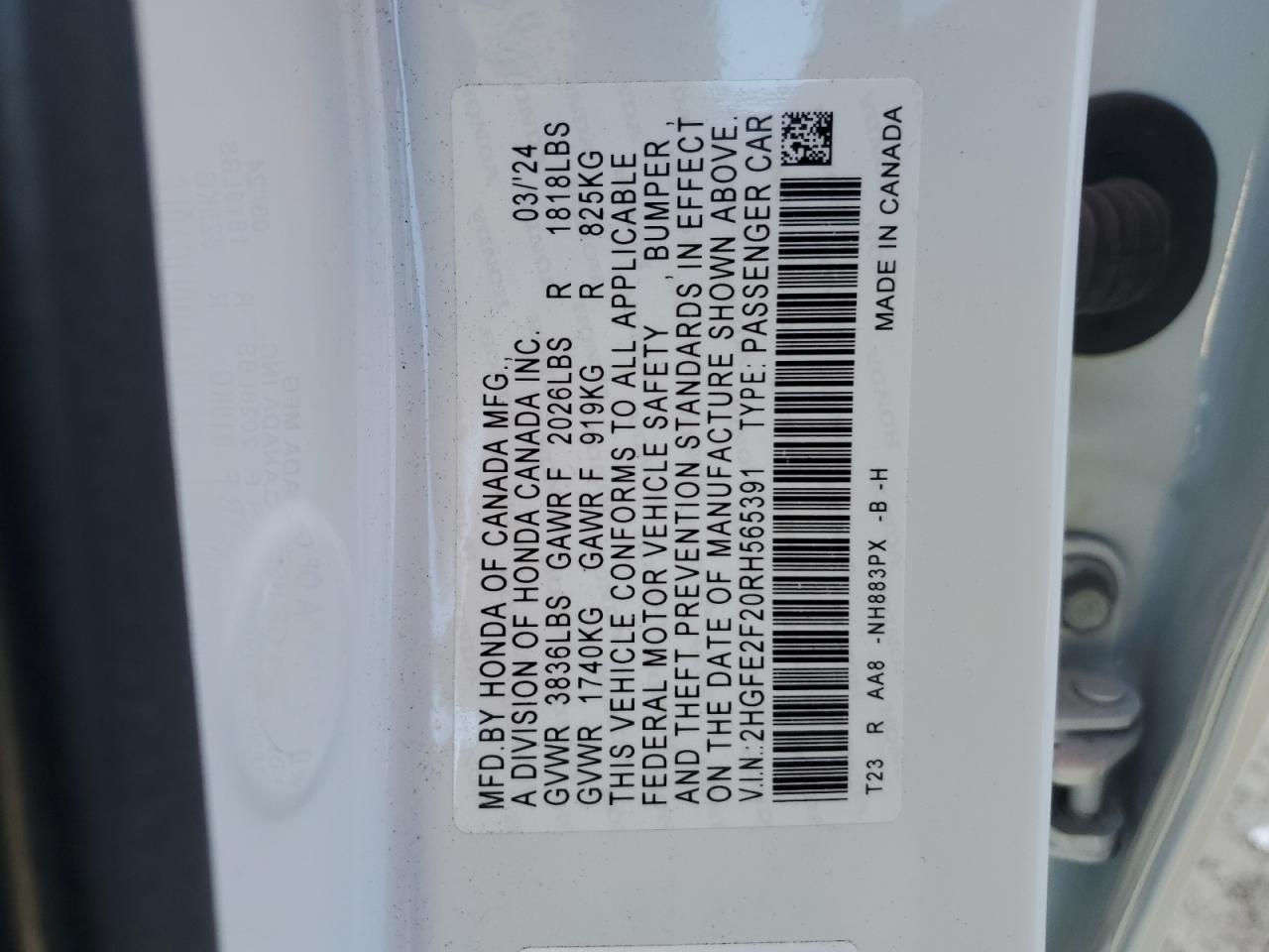 2024 Honda Civic VIN 2HGFE2F20RH565391 Copart auction photo, front end damage thumbnail 13