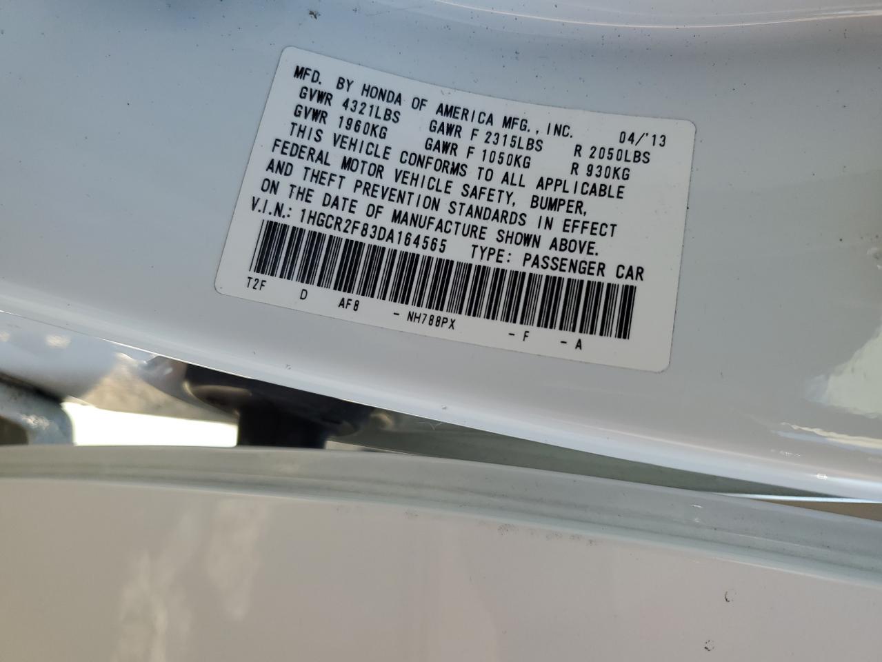 2013 Honda Accord VIN 1HGCR2F83DA164565 Copart auction photo, water/flood damage thumbnail 13
