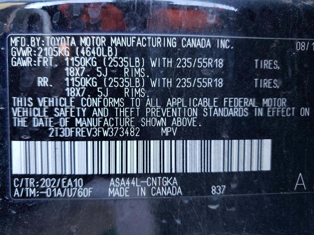 2015 Toyota RAV 4 VIN 2T3DFREV3FW373482 Copart auction photo, front end / minor dent/scratches damage thumbnail 13