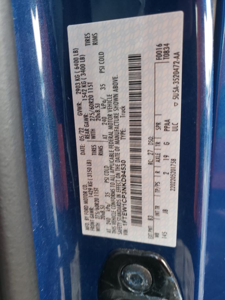 2022 Ford F-150 VIN 1FTEW1CP3NKD94530 Copart auction photo, all over damage thumbnail 12