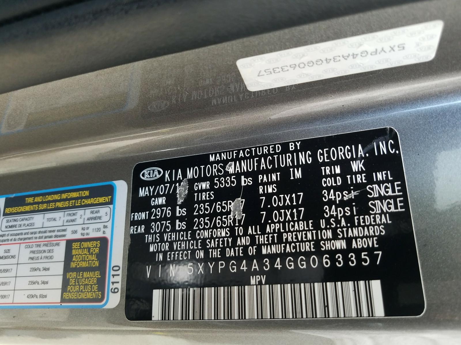 2016 KIA Sorento VIN 5XYPG4A34GG063357 Copart auction photo, burn damage thumbnail 10