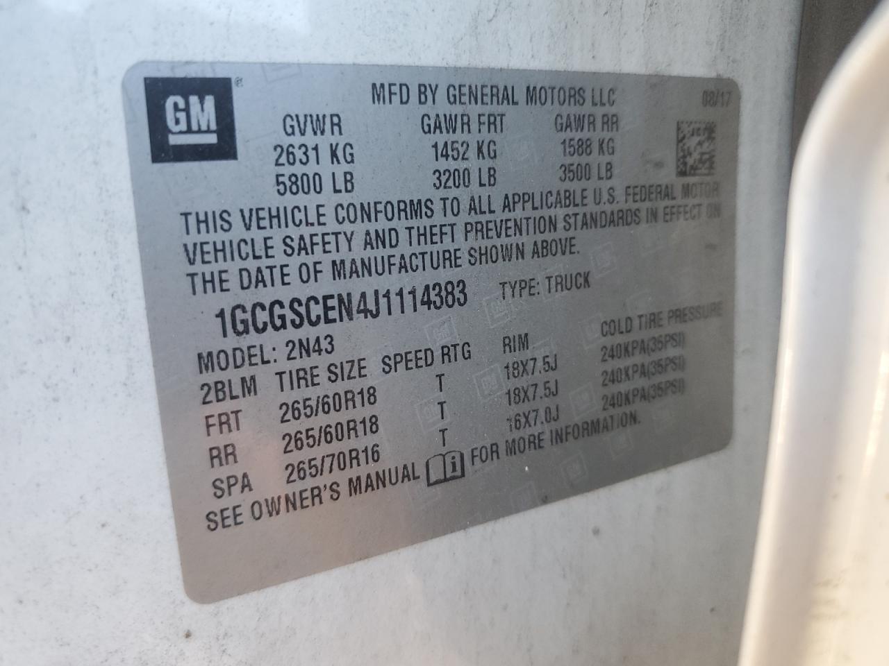 2018 Chevrolet Colorado VIN 1GCGSCEN4J1114383 Copart auction photo, rear end damage thumbnail 12