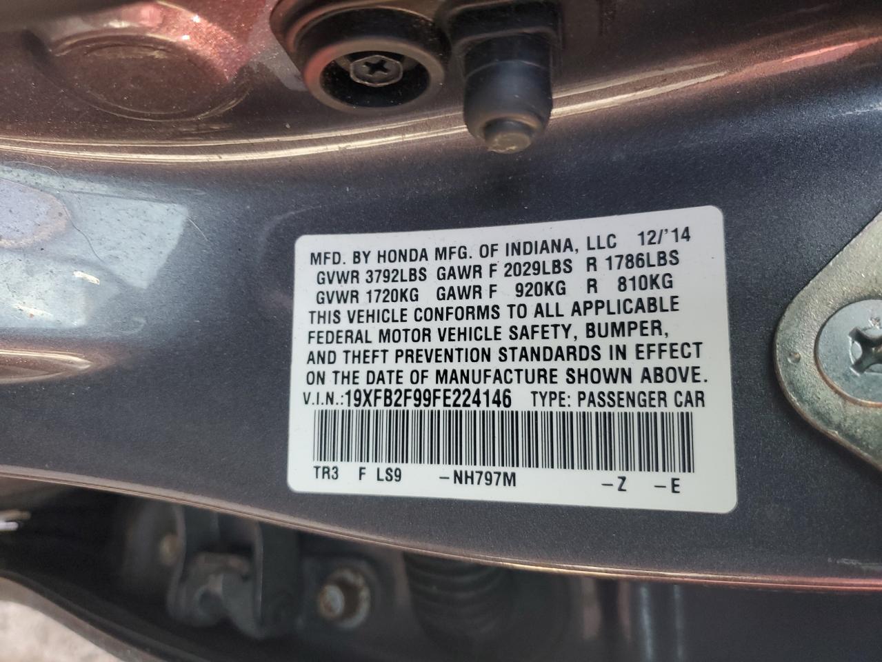 2015 Honda Civic VIN 19XFB2F99FE224146 Copart auction photo, front end / side damage thumbnail 12