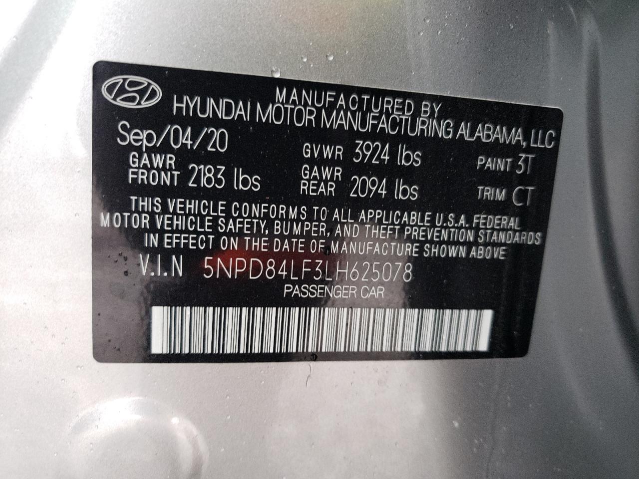 2020 Hyundai Elantra VIN 5NPD84LF3LH625078 Copart auction photo, front end damage thumbnail 12