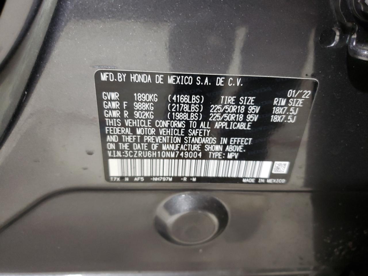 2022 Honda HR-V VIN 3CZRU6H10NM749004 Copart auction photo, front end / rear end damage thumbnail 13