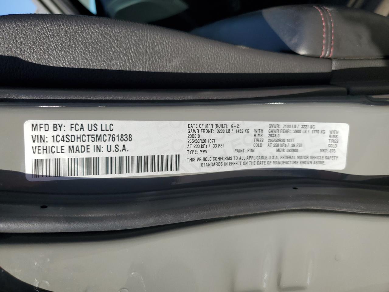 2021 Dodge Durango VIN 1C4SDHCT5MC761838 Copart auction photo, rear end damage thumbnail 13