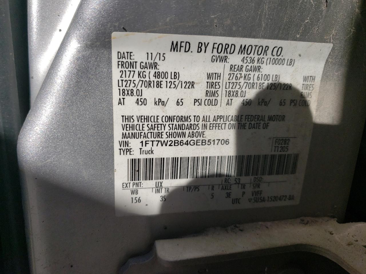2016 Ford F250 VIN 1FT7W2B64GEB51706 Copart auction photo, front end / side damage thumbnail 13