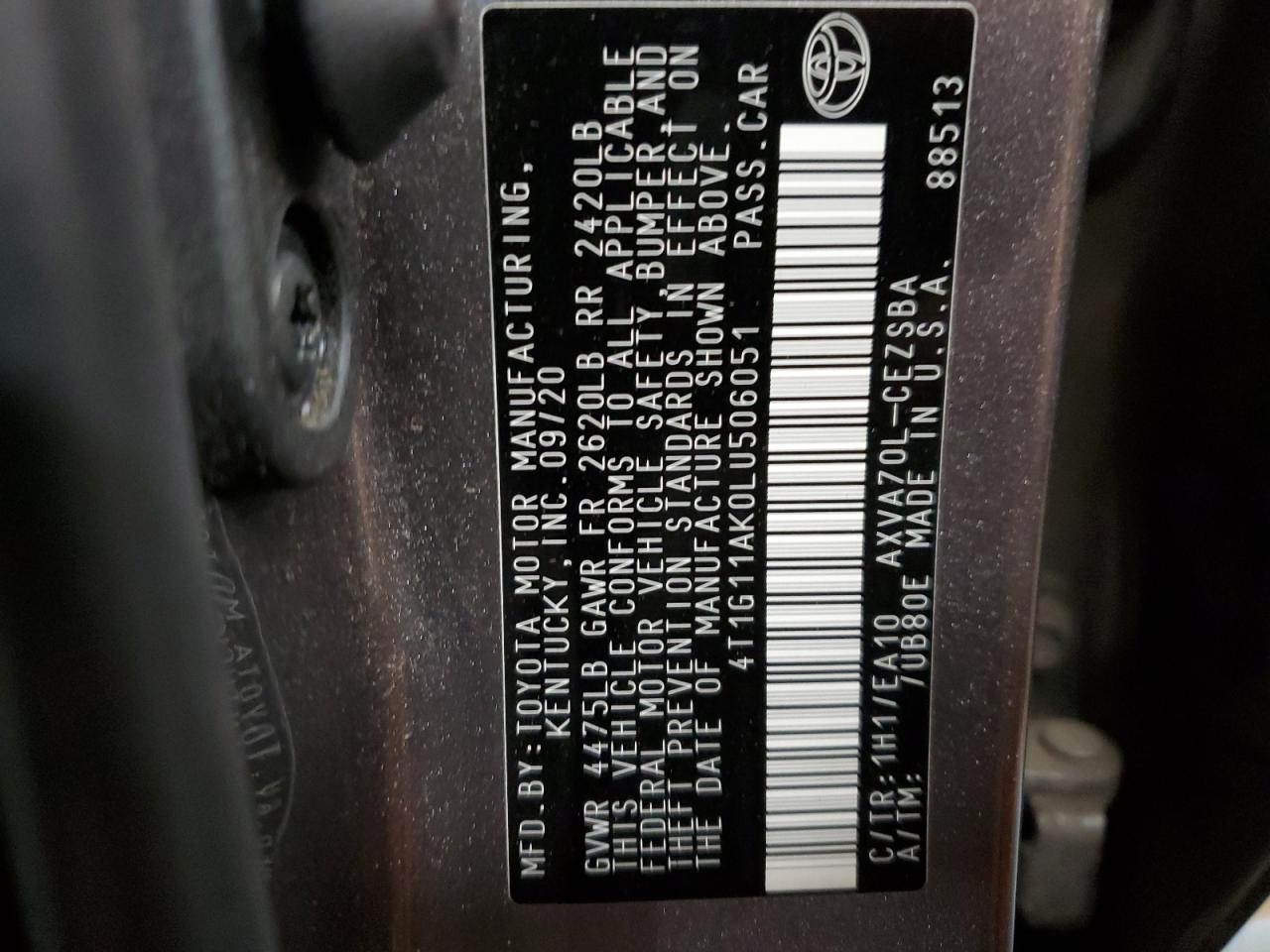 2020 Toyota Camry VIN 4T1G11AK0LU506051 Copart auction photo, rear end damage thumbnail 13