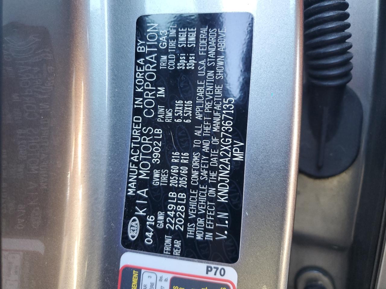 2016 KIA Soul VIN KNDJN2A2XG7367135 Copart auction photo, side damage thumbnail 12