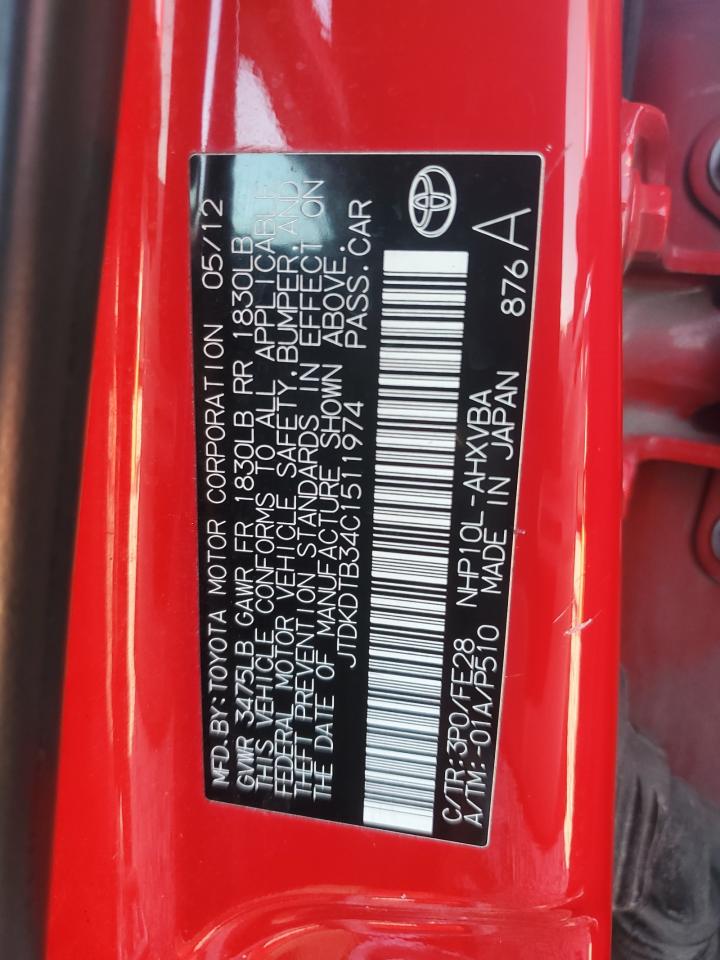 2012 Toyota Prius VIN JTDKDTB34C1511974 Copart auction photo, front end damage thumbnail 12
