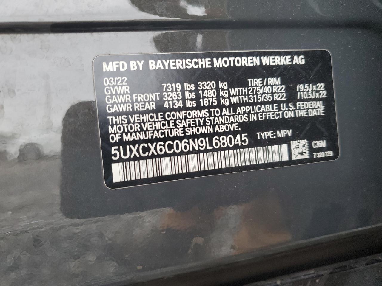 2022 BMW X7 VIN 5UXCX6C06N9L68045 Copart auction photo, front end / undercarriage damage thumbnail 16