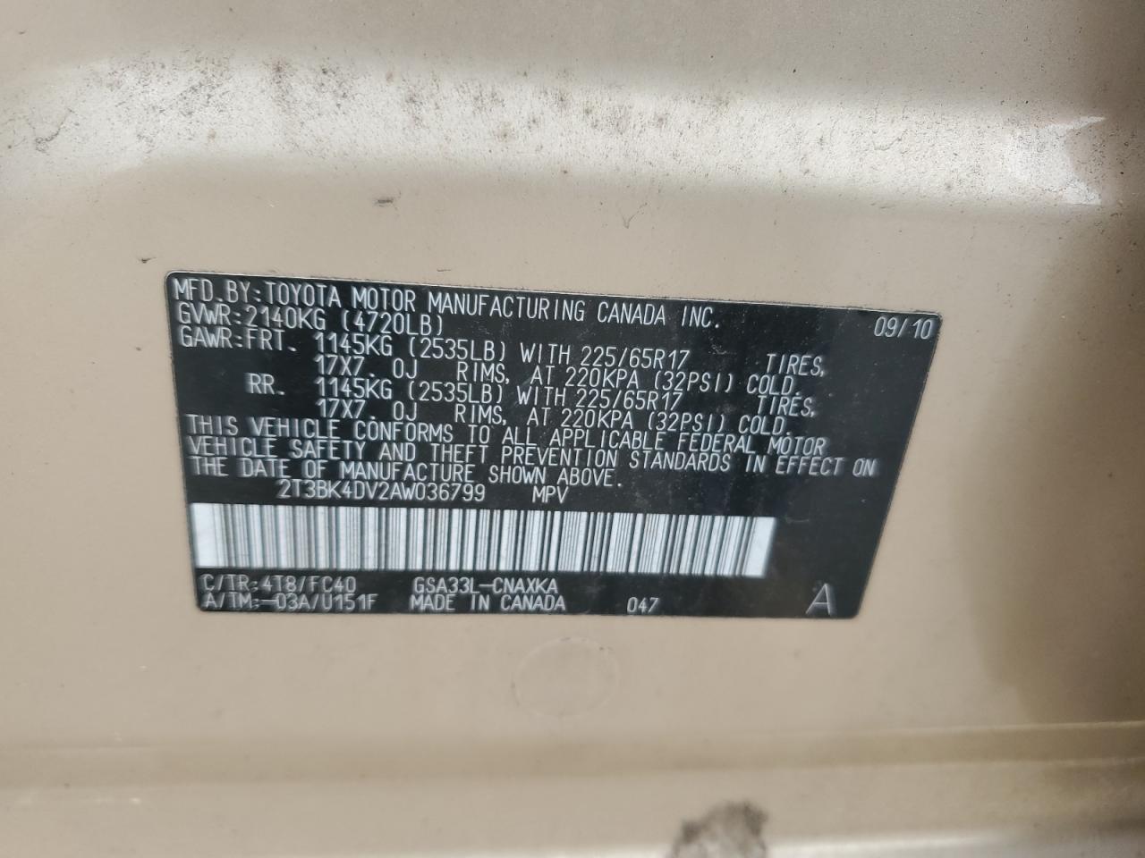 2010 Toyota RAV 4 VIN 2T3BK4DV2AW036799 Copart auction photo, mechanical / minor dent/scratches damage thumbnail 13