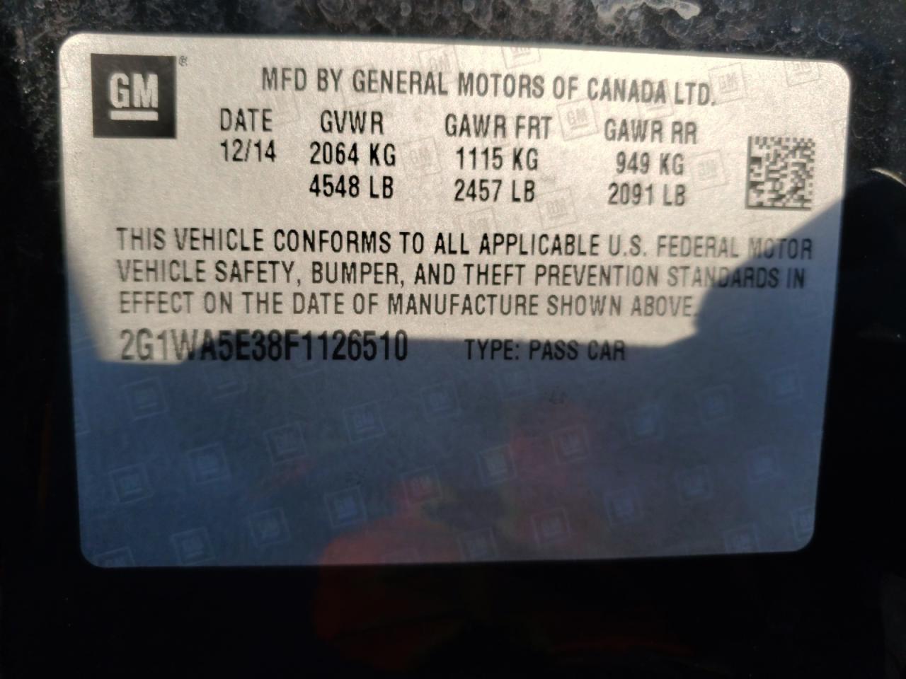2015 Chevrolet Impala VIN 2G1WA5E38F1126510 Copart auction photo, front end / side damage thumbnail 15
