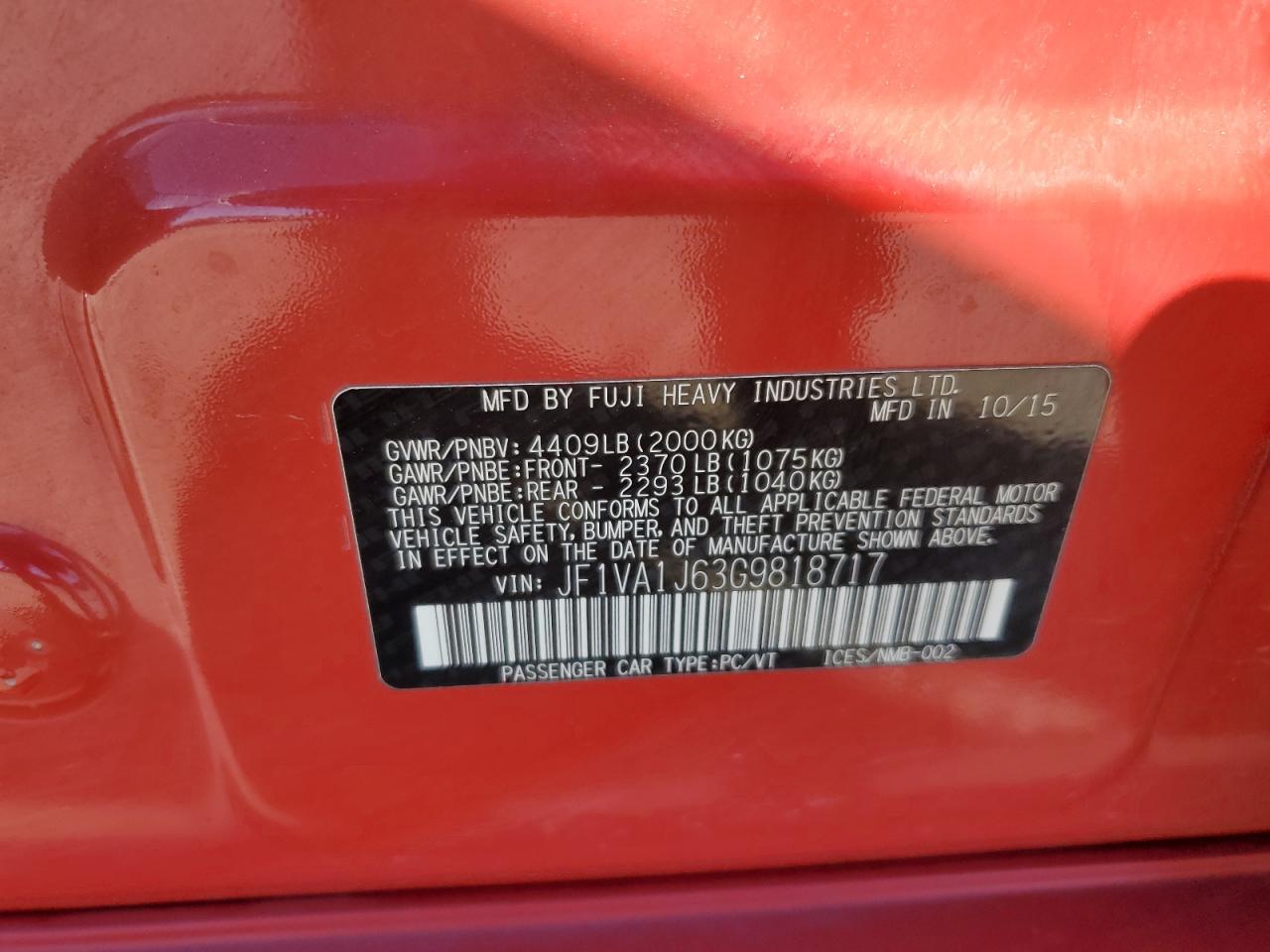 2016 Subaru WRX VIN JF1VA1J63G9818717 Copart auction photo, rear end damage thumbnail 12