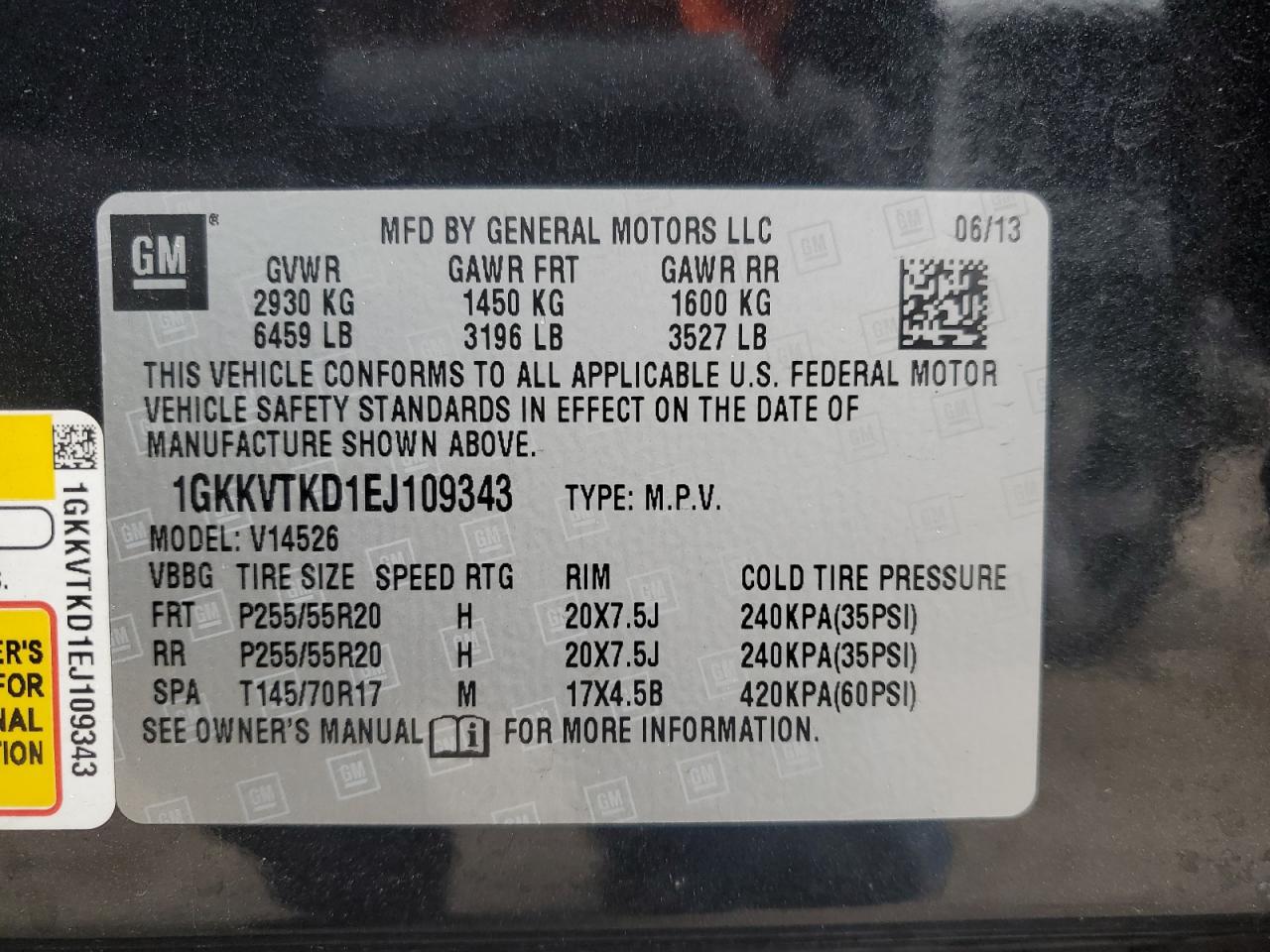 2014 GMC Acadia VIN 1GKKVTKD1EJ109343 Copart auction photo, front end damage thumbnail 13