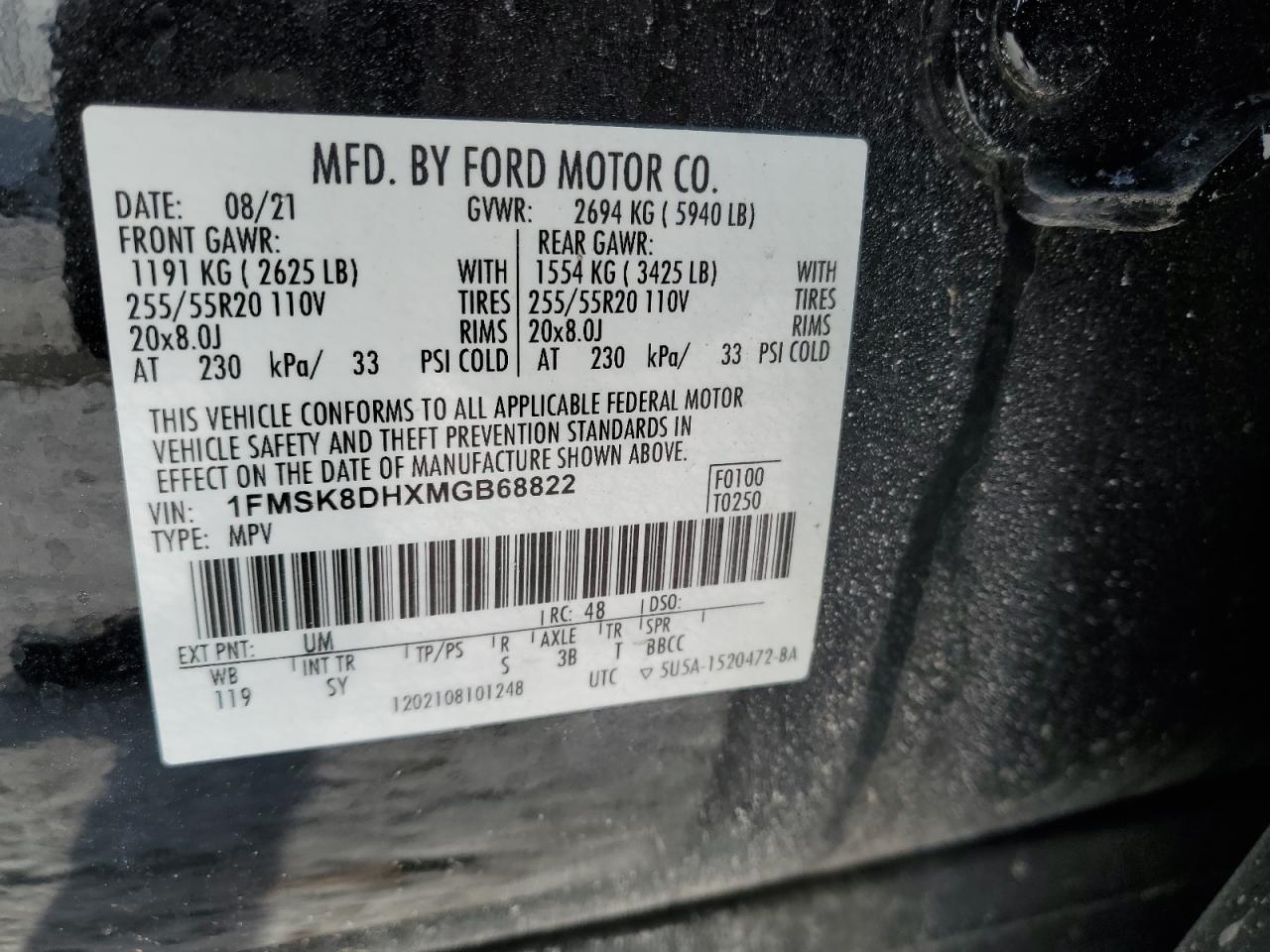 2021 Ford Explorer VIN 1FMSK8DHXMGB68822 Copart auction photo, side damage thumbnail 15