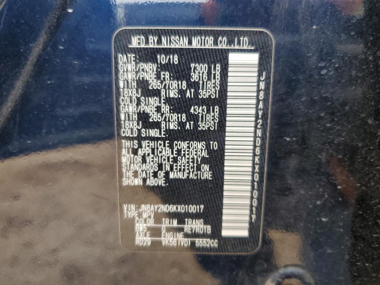 2019 Nissan Armada VIN JN8AY2ND6KX010017 Copart auction photo, front end damage thumbnail 14