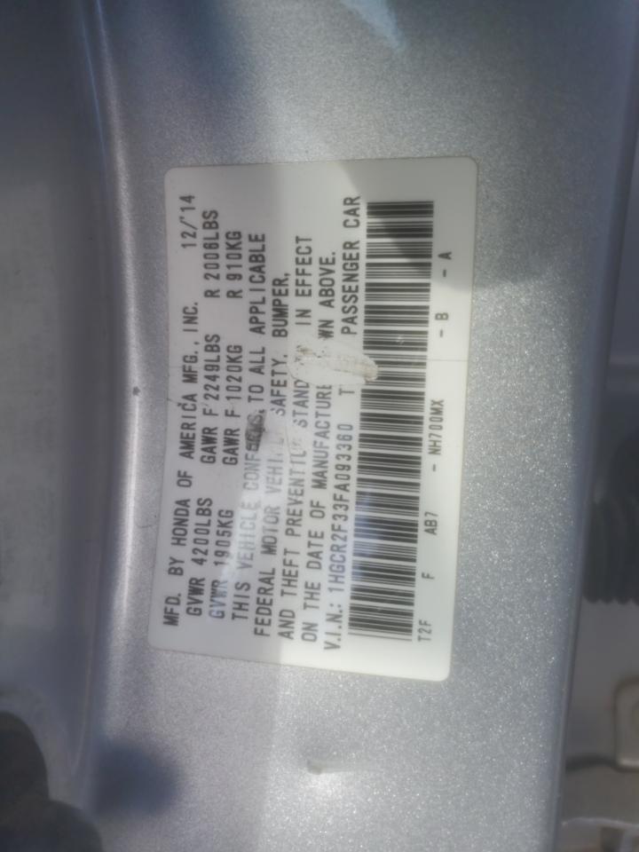 2015 Honda Accord VIN 1HGCR2F33FA093360 Copart auction photo, side / minor dent/scratches damage thumbnail 12