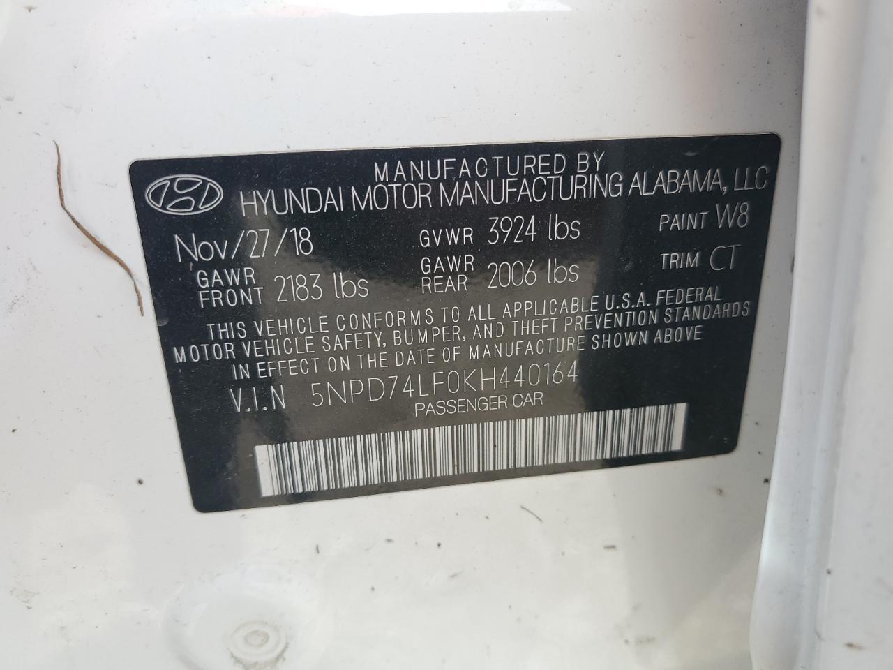 2019 Hyundai Elantra VIN 5NPD74LF0KH440164 Copart auction photo, water/flood / all over damage thumbnail 14
