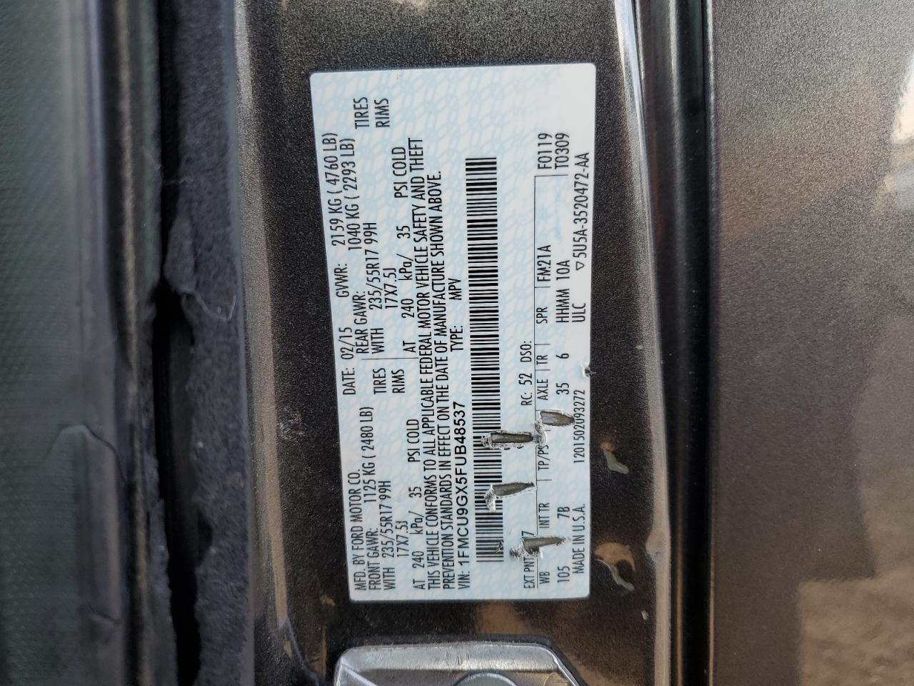 2015 Ford Escape VIN 1FMCU9GX5FUB48537 Copart auction photo, front end / rear end damage thumbnail 13