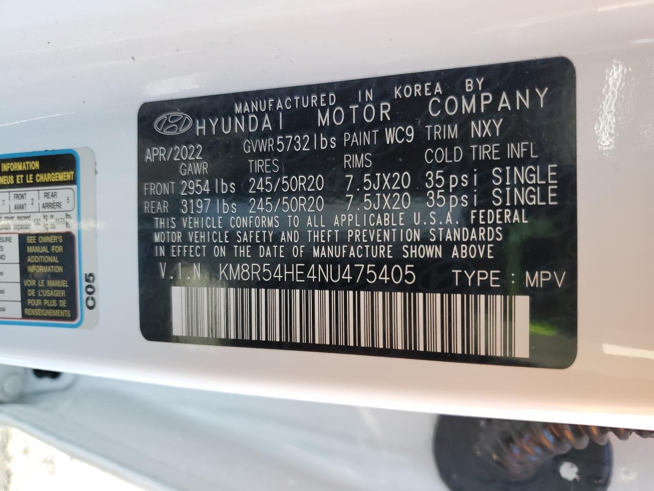 2022 Hyundai Palisade VIN KM8R54HE4NU475405 Copart auction photo, front end damage thumbnail 14