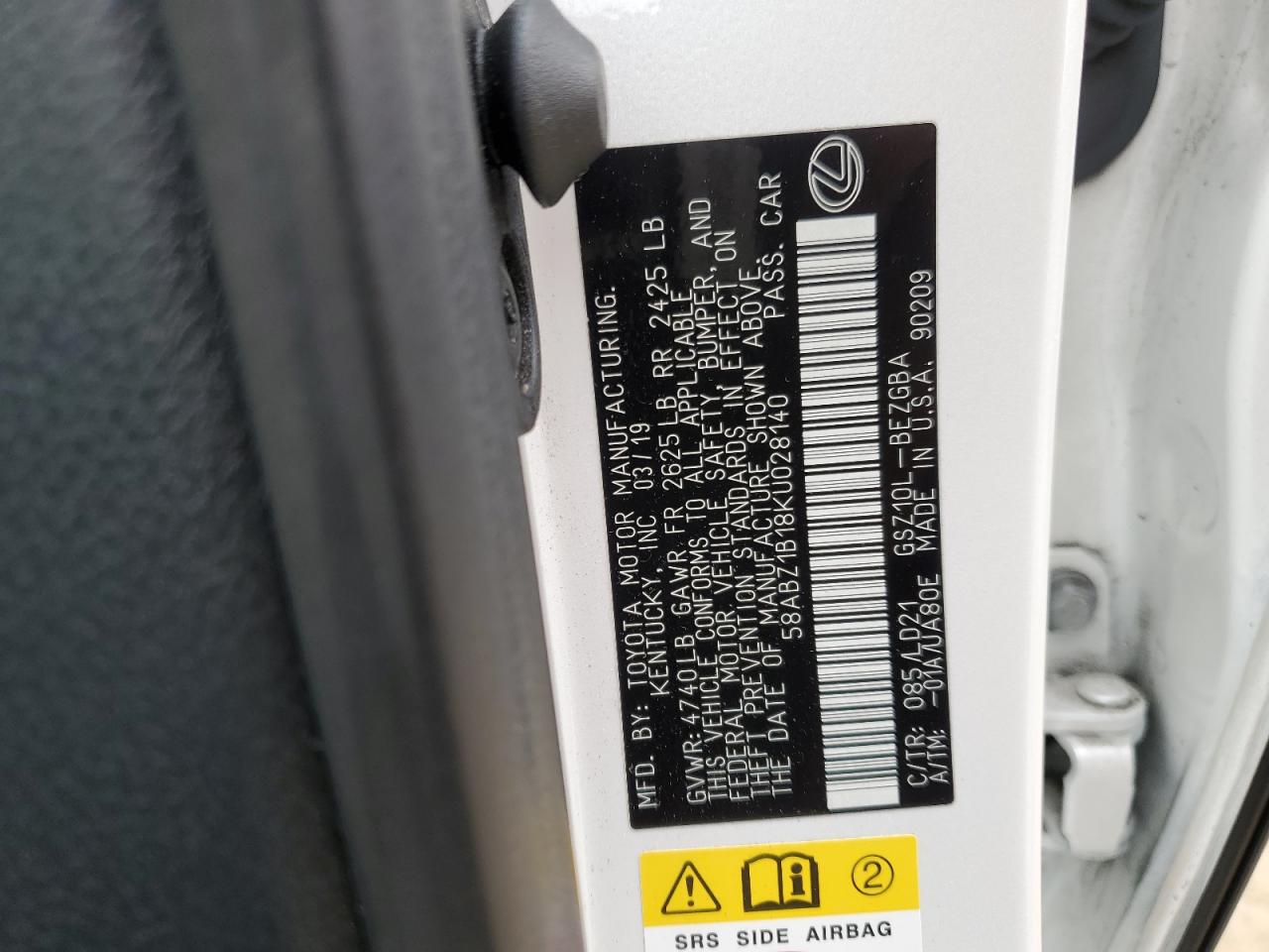 2019 Lexus ES VIN 58ABZ1B18KU028140 Copart auction photo, front end damage thumbnail 14