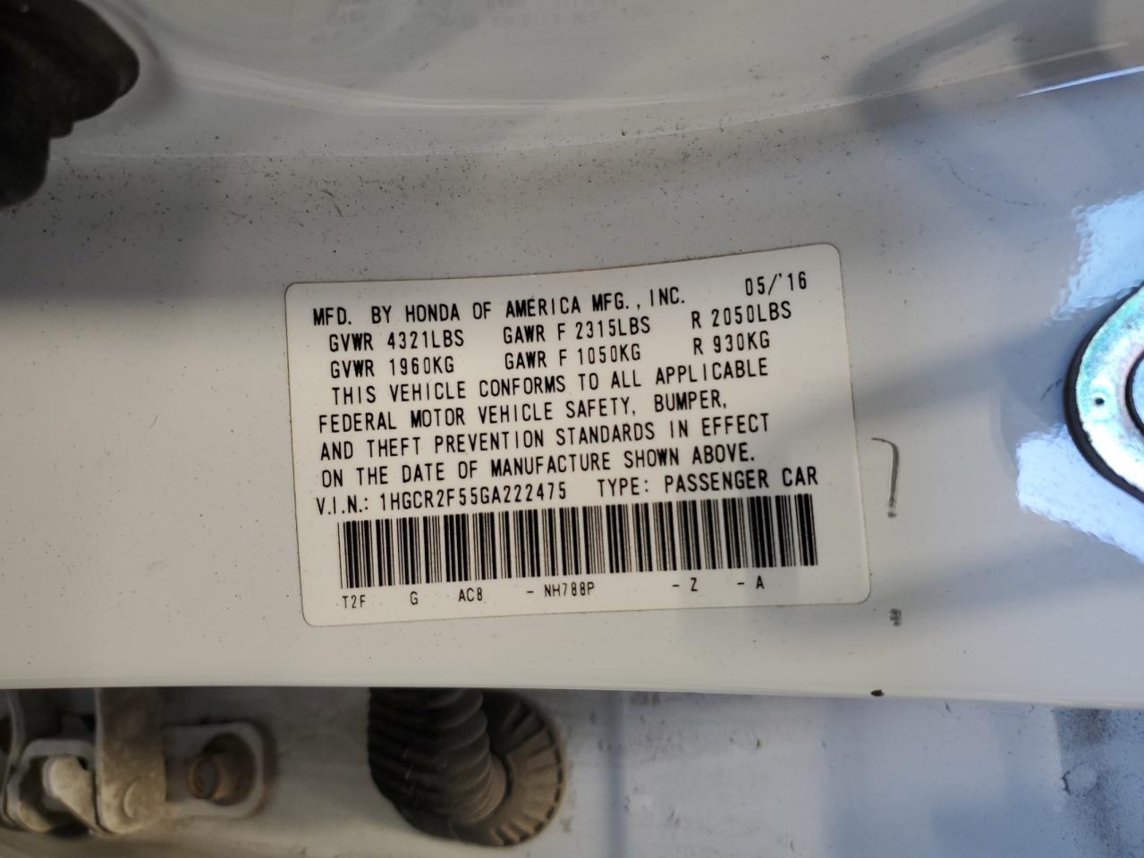 2016 Honda Accord VIN 1HGCR2F55GA222475 Copart auction photo, front end damage thumbnail 12