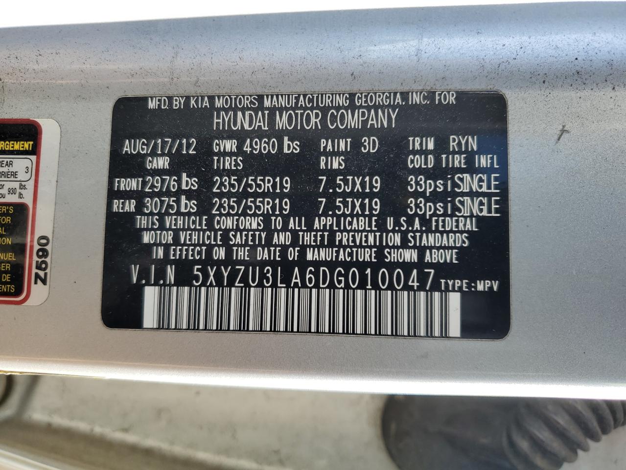 2013 Hyundai Santa Fe VIN 5XYZU3LA6DG010047 Copart auction photo, mechanical / minor dent/scratches damage thumbnail 13
