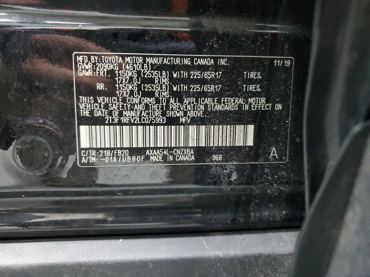 2020 Toyota RAV 4 VIN 2T3F1RFV2LC075993 Copart auction photo, front end damage thumbnail 12