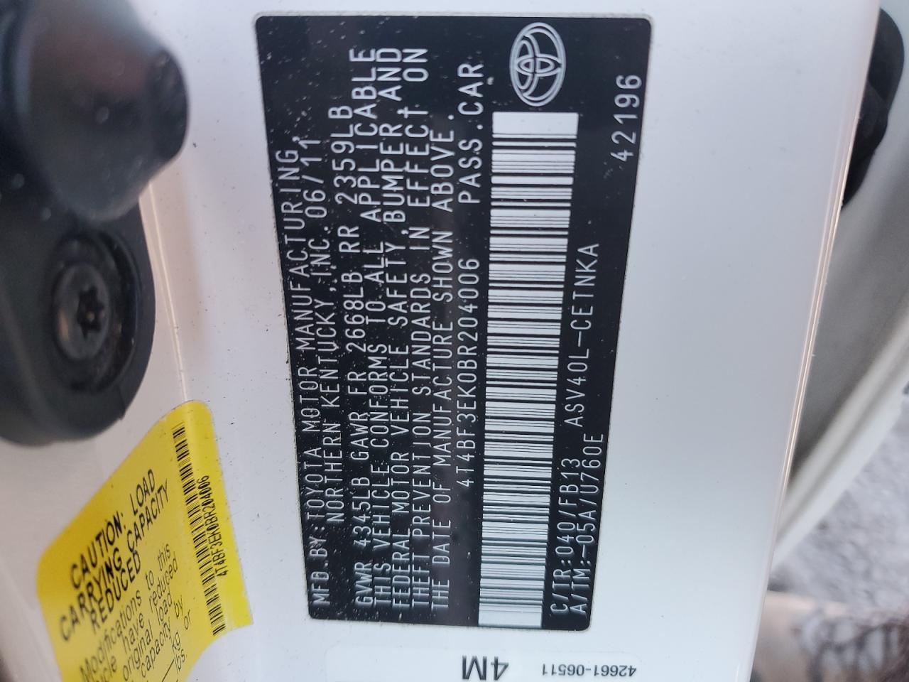 2011 Toyota Camry VIN 4T4BF3EK0BR204006 Copart auction photo, side / front end damage thumbnail 12