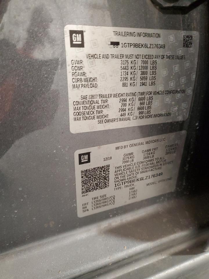 2020 GMC Sierra VIN 1GTP9BEK6LZ176349 Copart auction photo, front end / hail damage thumbnail 12