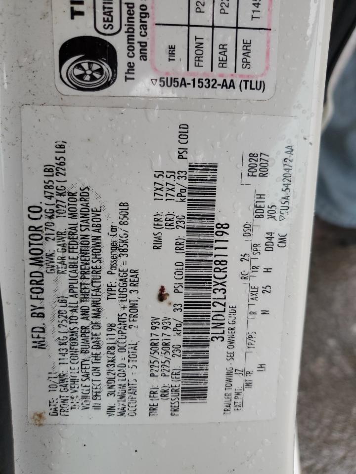 2012 Lincoln MKZ VIN 3LNDL2L3XCR811198 Copart auction photo, front end damage thumbnail 12