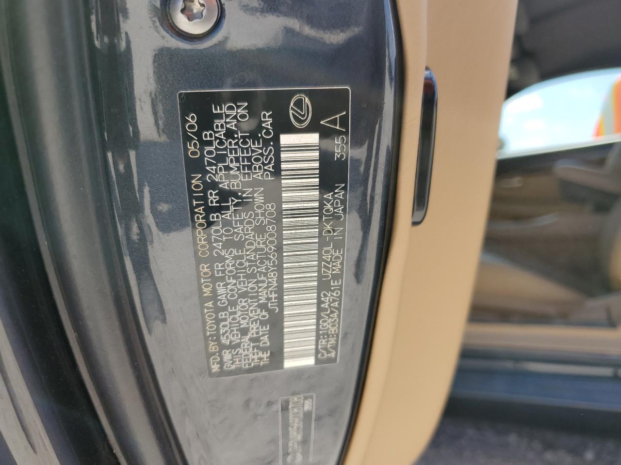 2006 Lexus SC VIN JTHFN48Y569008708 Copart auction photo, water/flood damage thumbnail 13