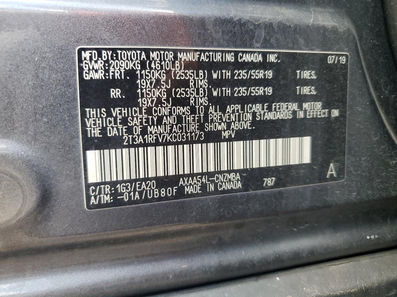 2019 Toyota RAV 4 VIN 2T3A1RFV7KC031173 Copart auction photo, water/flood damage thumbnail 13
