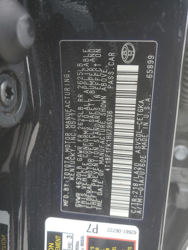 2017 Toyota Camry VIN 4T1BF1FK1HU796036 Copart auction photo, side damage thumbnail 12