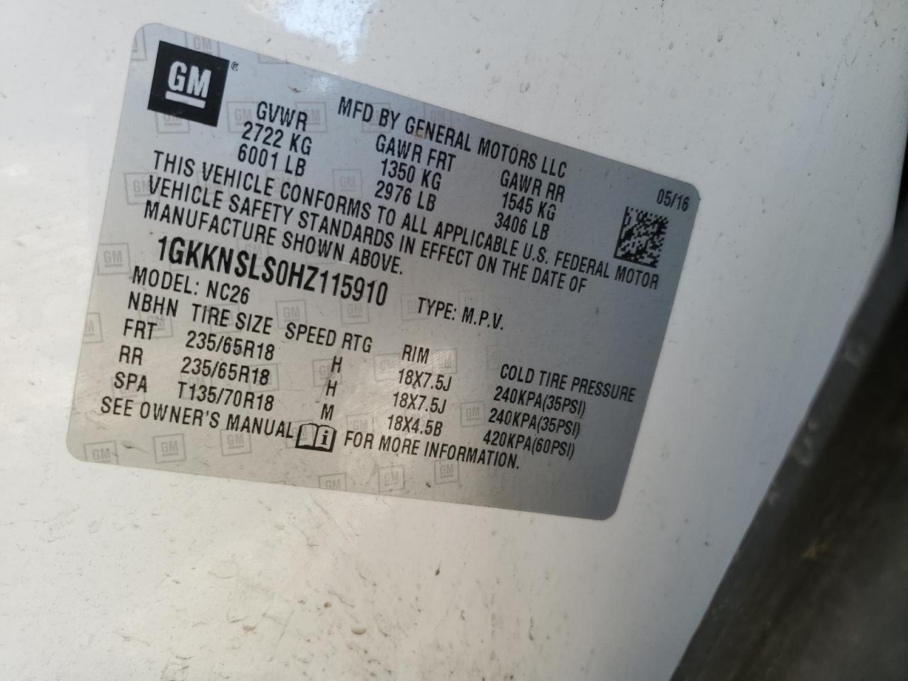 2017 GMC Acadia VIN 1GKKNSLS0HZ115910 Copart auction photo, front end damage thumbnail 15
