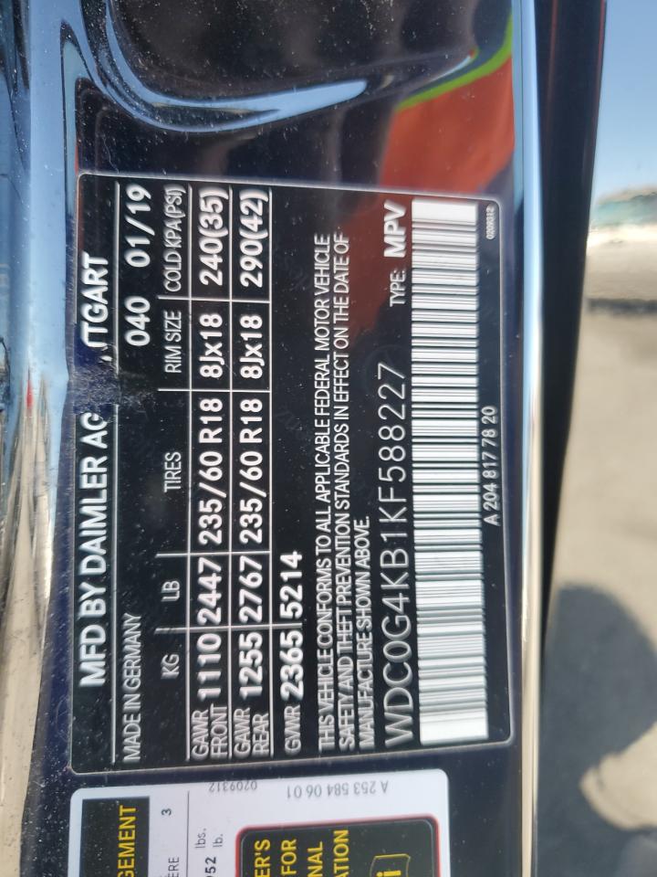 2019 Mercedes-Benz GLC VIN WDC0G4KB1KF588227 Copart auction photo, front end / side damage thumbnail 15