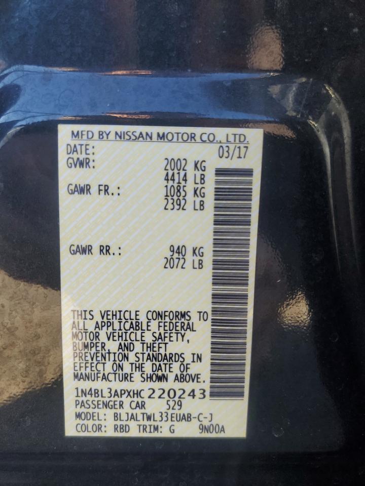2017 Nissan Altima VIN 1N4BL3APXHC220243 Copart auction photo, front end / minor dent/scratches damage thumbnail 12