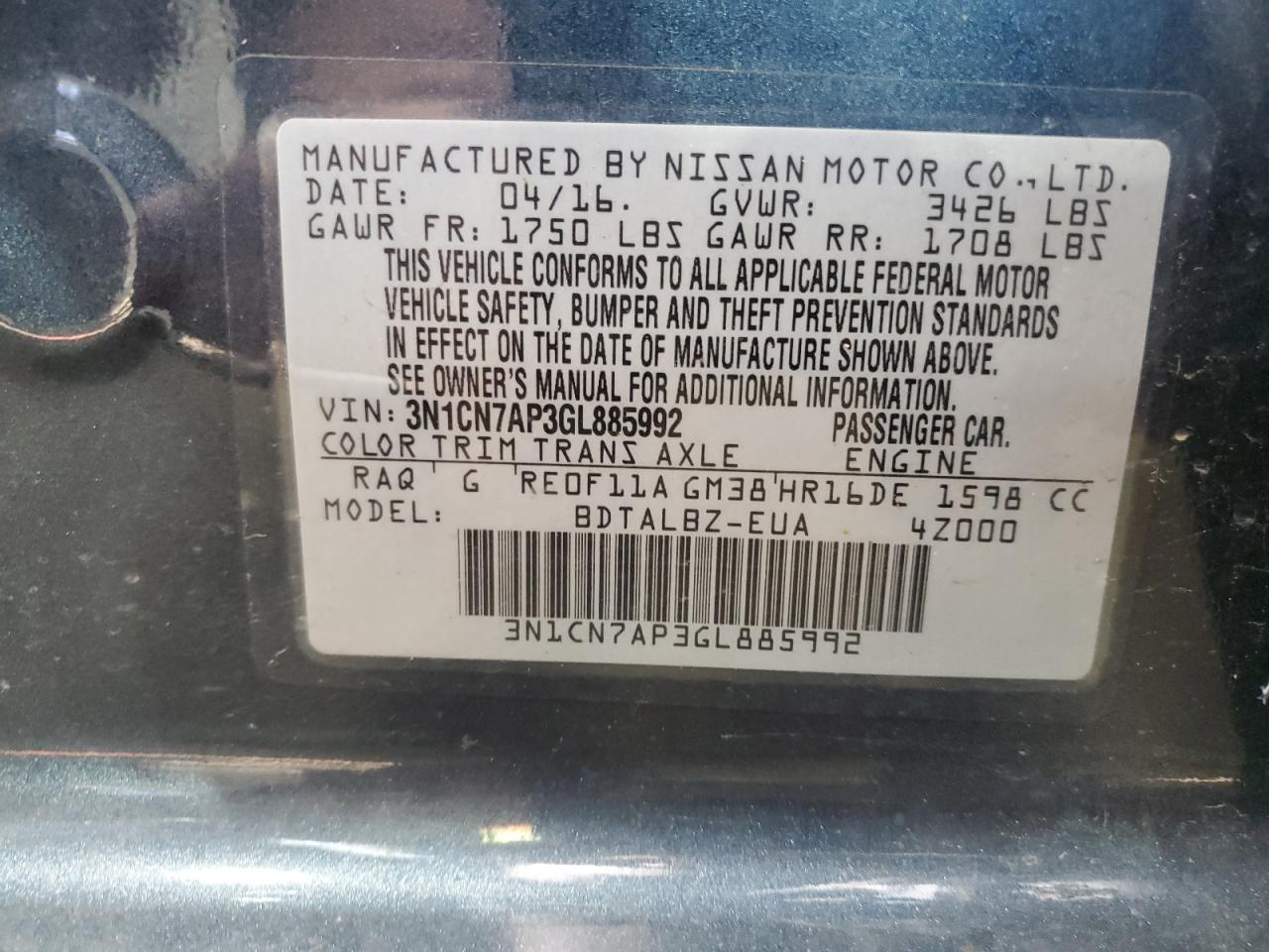 2016 Nissan Versa VIN 3N1CN7AP3GL885992 Copart auction photo, front end damage thumbnail 14