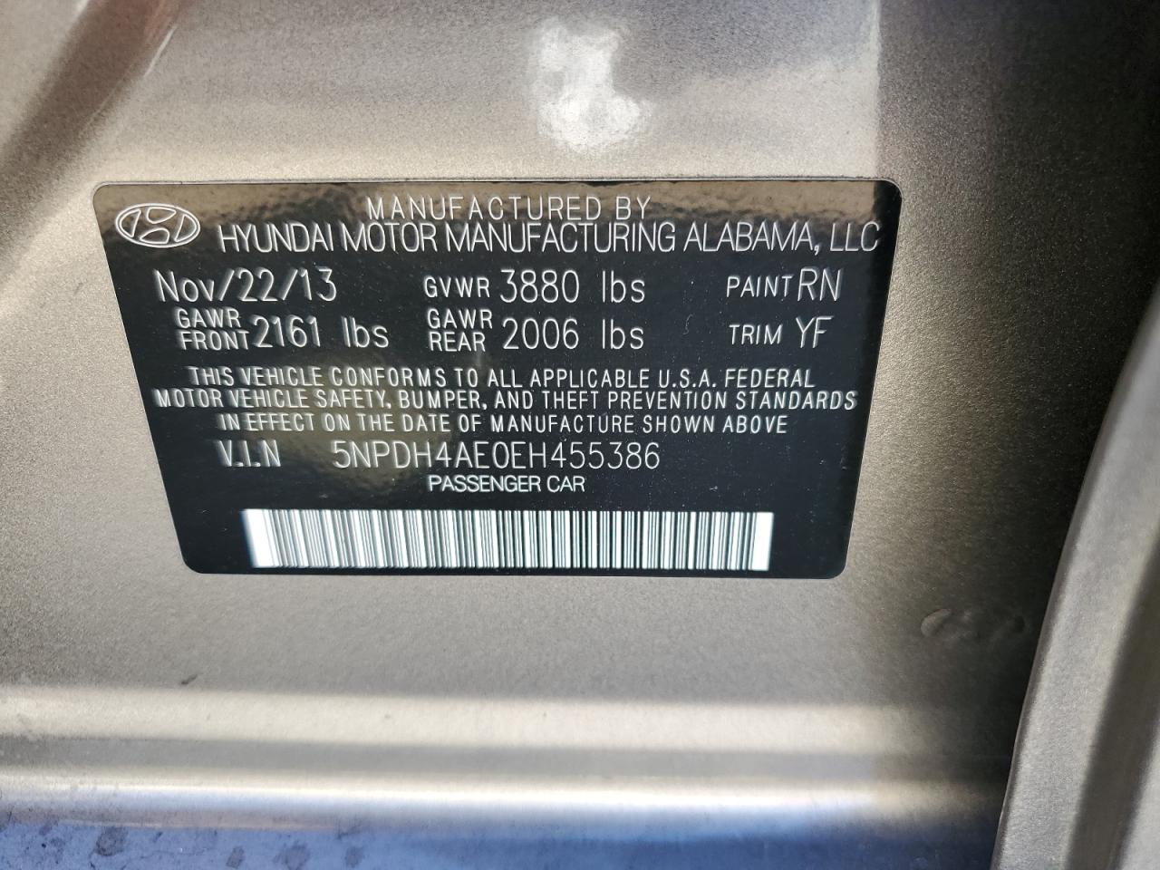 2014 Hyundai Elantra VIN 5NPDH4AE0EH455386 Copart auction photo, front end damage thumbnail 12