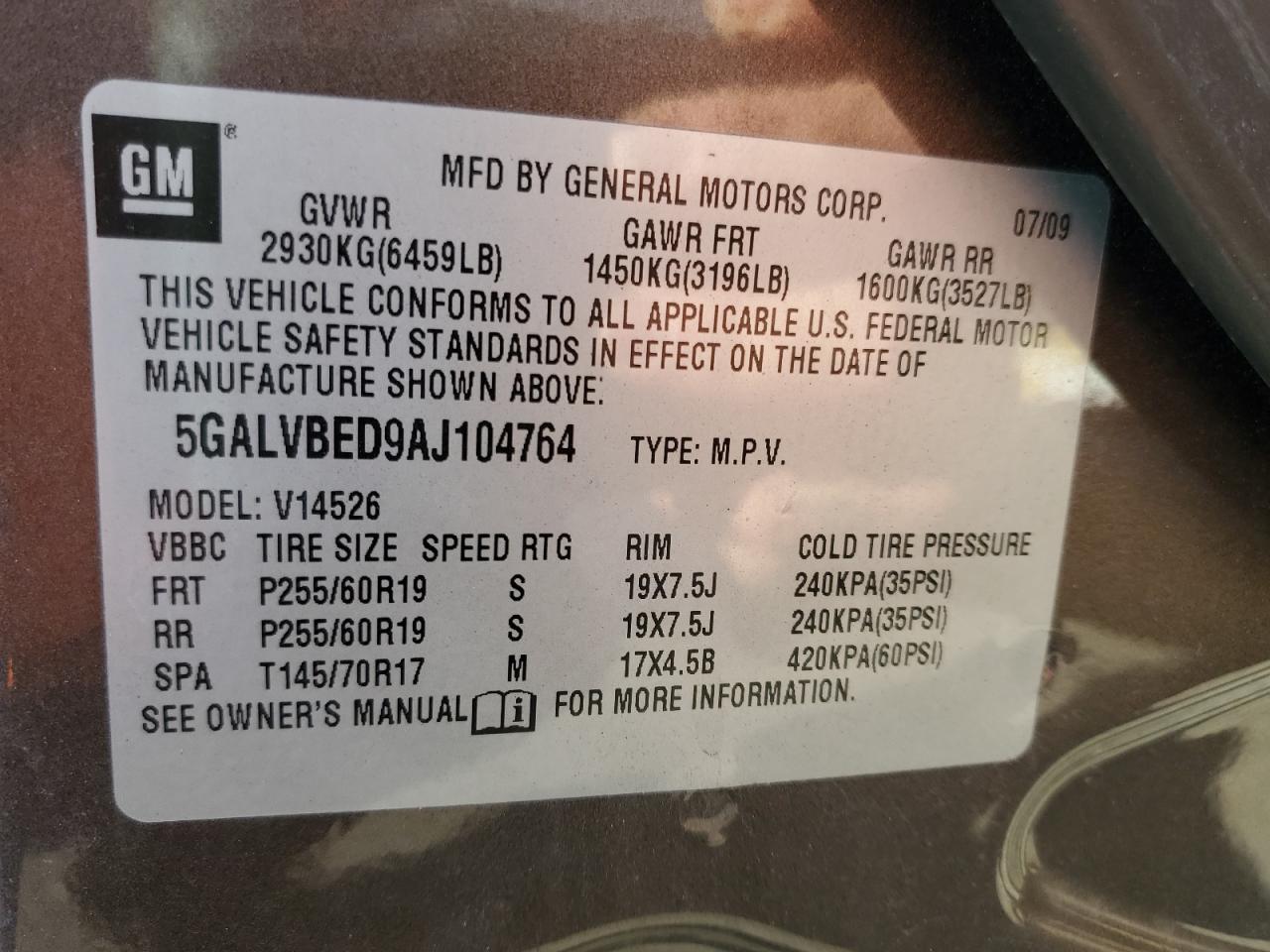 2010 Buick Enclave VIN 5GALVBED9AJ104764 Copart auction photo, minor dent/scratches damage thumbnail 13