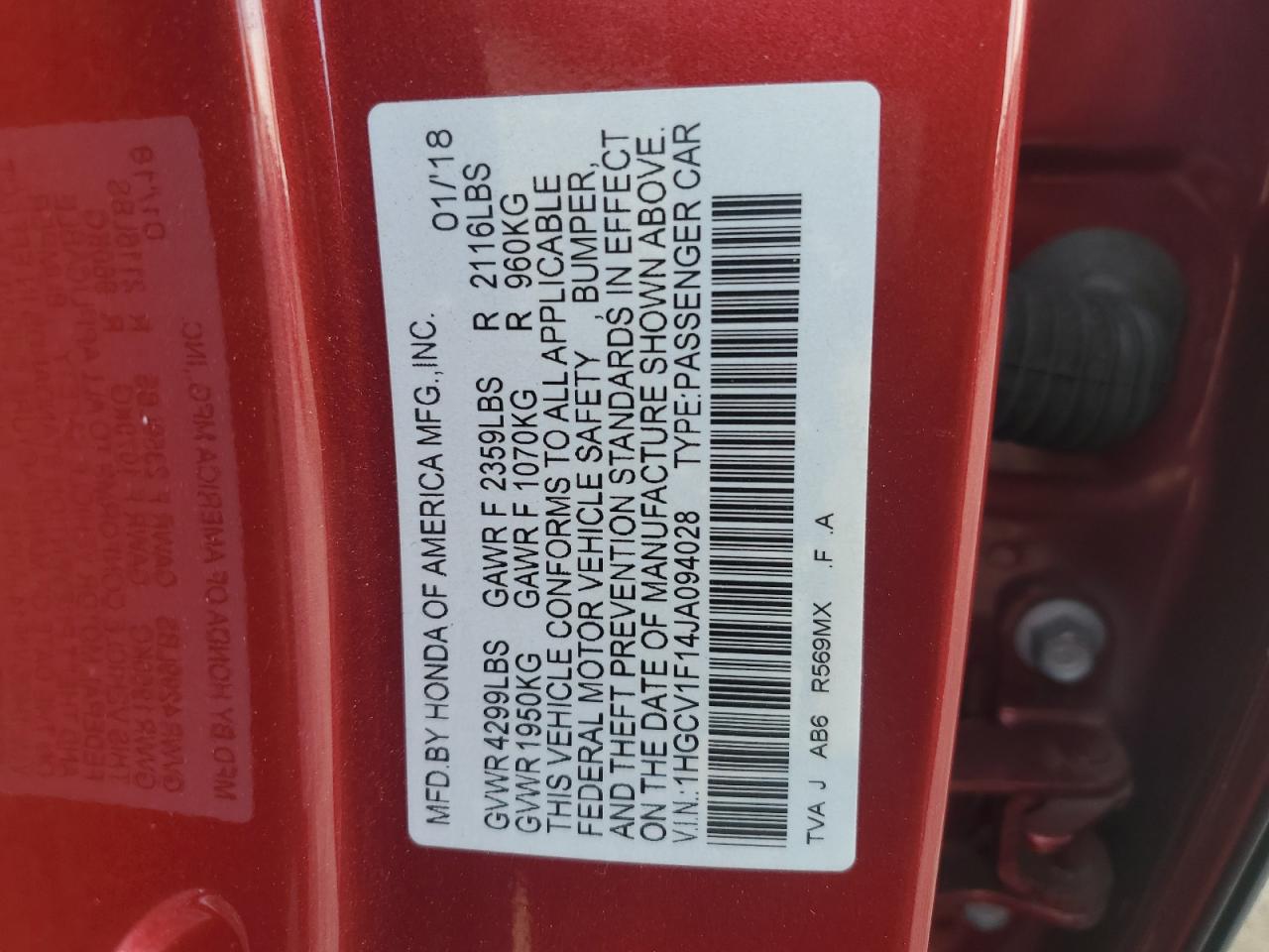 2018 Honda Accord VIN 1HGCV1F14JA094028 Copart auction photo, front end damage thumbnail 14