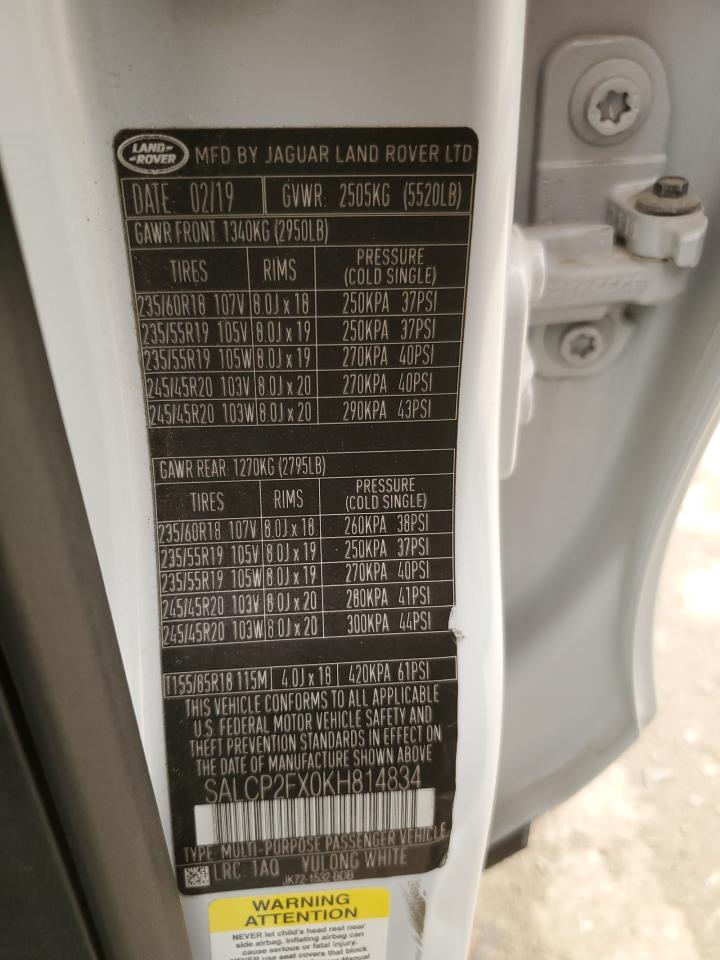 2019 Land Rover Discovery VIN SALCP2FX0KH814834 Copart auction photo, mechanical damage thumbnail 13