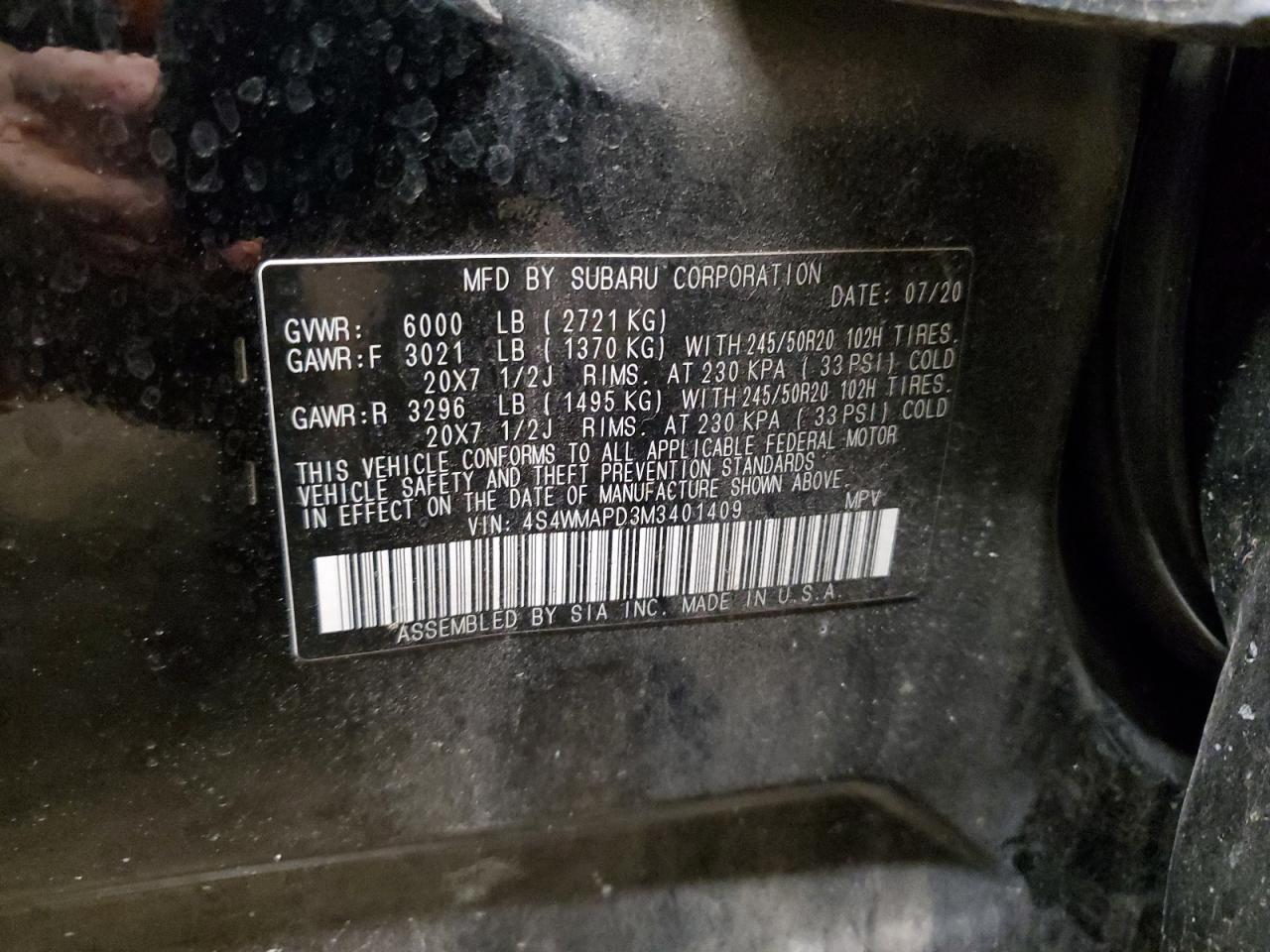 2021 Subaru Ascent VIN 4S4WMAPD3M3401409 Copart auction photo, rear end damage thumbnail 13