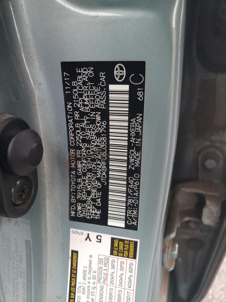 2018 Toyota Prius VIN JTDKBRFU8J3581796 Copart auction photo, front end / minor dent/scratches damage thumbnail 14