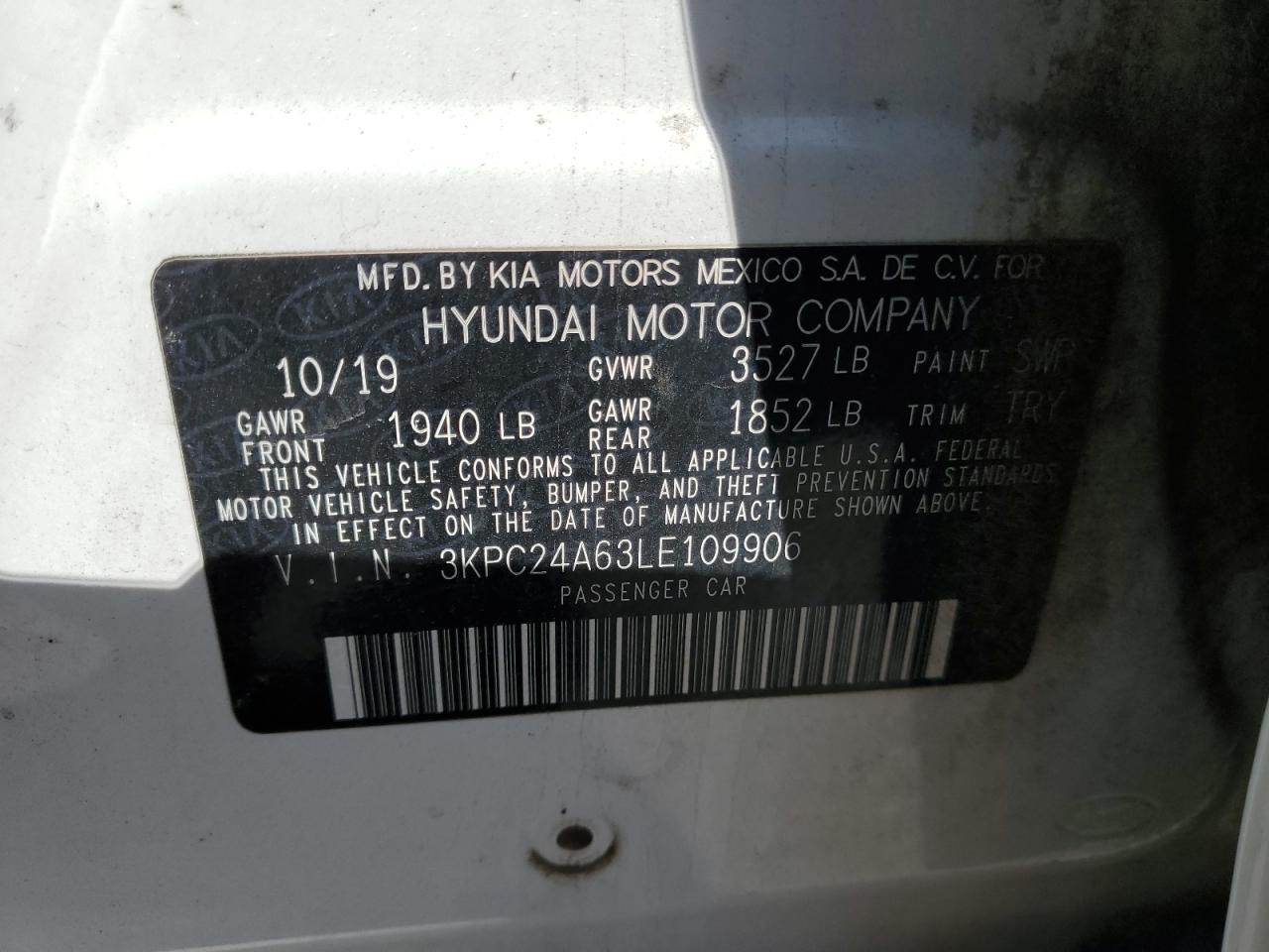 2020 Hyundai Accent VIN 3KPC24A63LE109906 Copart auction photo, front end / side damage thumbnail 13