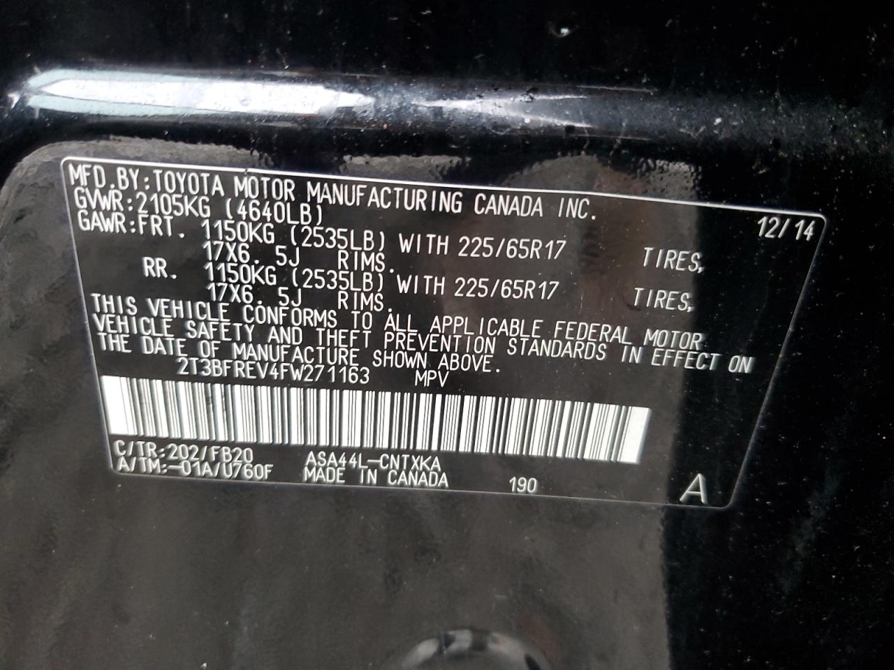 2015 Toyota RAV 4 VIN 2T3BFREV4FW271163 Copart auction photo, rear end damage thumbnail 13